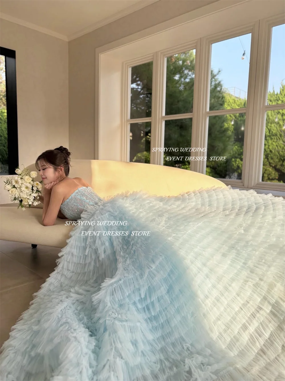 SPRAYING – robe de soirée en Tulle bleu ciel, pour séance Photo de mariage coréen, en dentelle, longue traîne, robe de soirée, Corset personnalisé