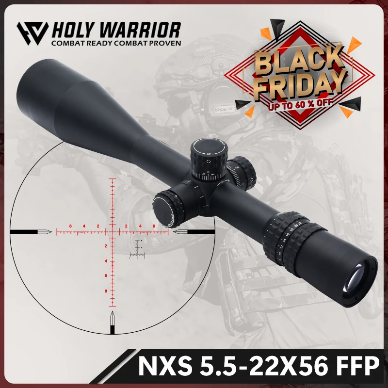 Holy Warrior NXS 5.5-22X56 FFP Riflescope 30mm Tube for Airsoft and Hunting with Full Original Markings