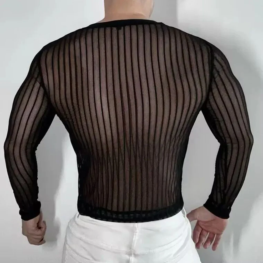 Mens T-Shirt Striped Sexy Slightly Transparent Stretch T-Shirt Fashion Streetwear Tight Casual Long Sleeve Top Men'S Clothing