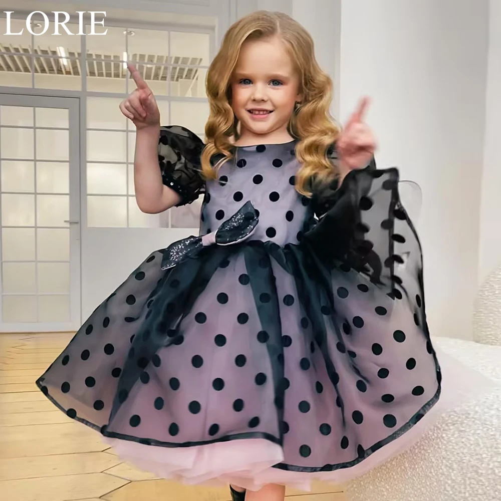 

LORIE Cute Black Dot Tulle Flower Girl Dresses Ball Gown Scoop Puff Sleeve Pleated Backless Fairy Birthday Party Dress Customize