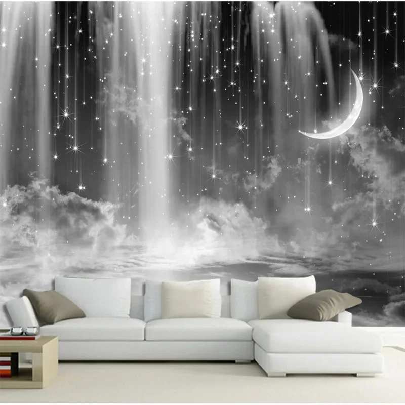 Custom Any Size Murals 3D Black White Waterfall Starry Wall Cloth Living Room TV Home Decoration Wallpaper Waterproof Fresco