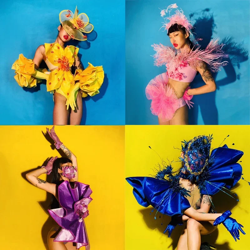 Costume da ballo sexy da palcoscenico da discoteca Guanti da body con fiori grandi Vestito da ballo Spettacolo di feste Cantante Ballerino Festival Abbigliamento XS2708