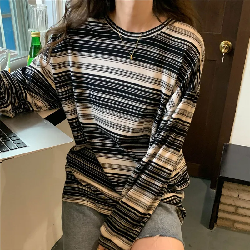 Women Autumn Winter Striped Crew Neck Casual Long Sleeve T-Shirt Girls Student Loose Top Lady Casual Street Slimming Base Shirt