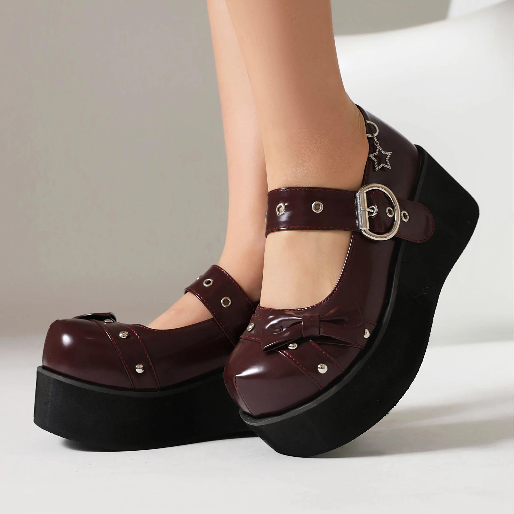 Punk Platform Shoes Women Pumps Gothic High Heels Wedges 2023 Leather Lolita Preppy Style Uniform Bow Rivets Decorate Handiness