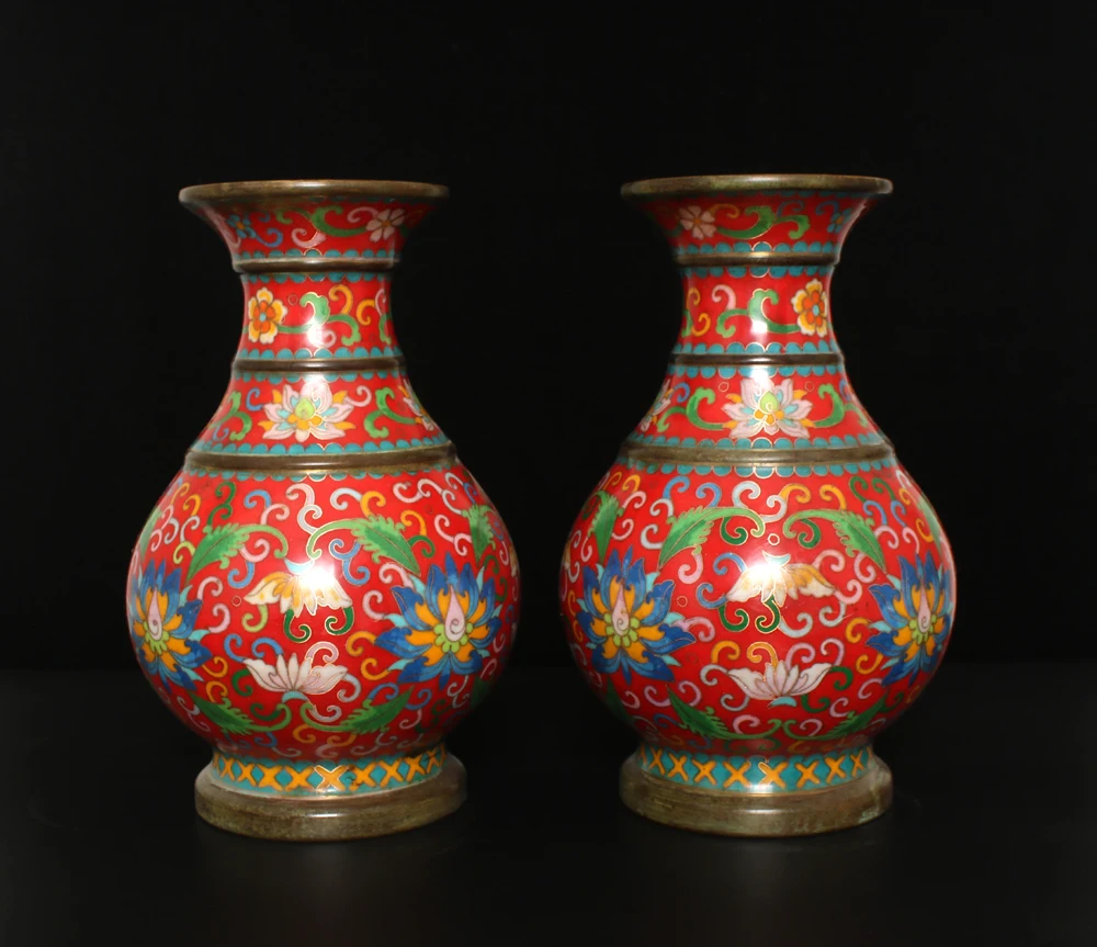 Vintage Pair of Purple Copper Enamel Medium Countertop Vases Red Flower Celestial Sphere Vases Made in Qianlong Era, 28x26cm