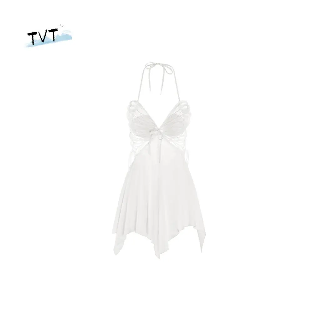 

Fashion Lace Up Butterfly Nightgown Ice Satin Silk Halter Camisole Nightwear Women Lingerie Sweet Nightdress with Pads Home