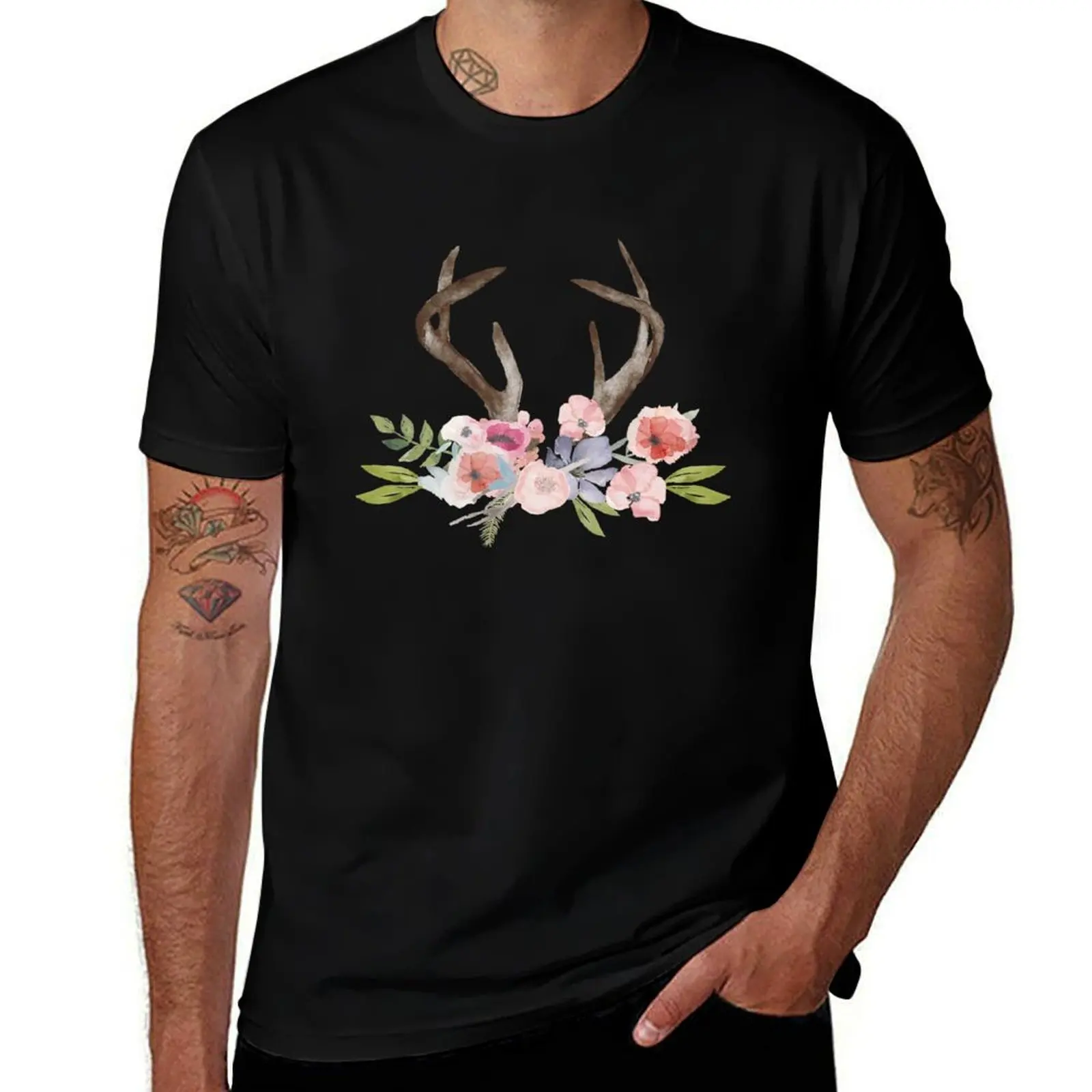 Rustic Watercolor Wildflowers and Antlers T-Shirt Fashion Print Casual Short Sleeve T-Shirt