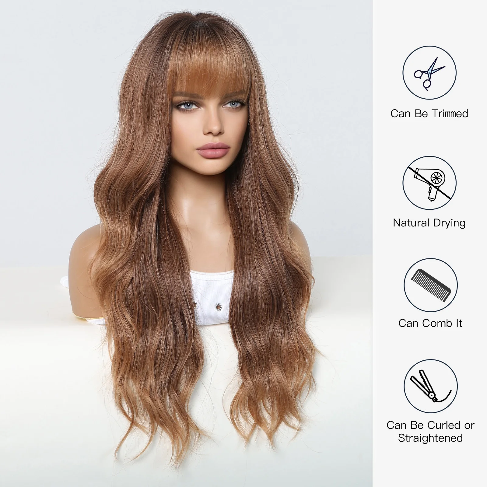 HENRY MARGU Chestnut Brown Synthetic Wigs with Bangs Long Body Wavy Wig Soft Ombre Brown Daily Hair for Women Heat Resistant