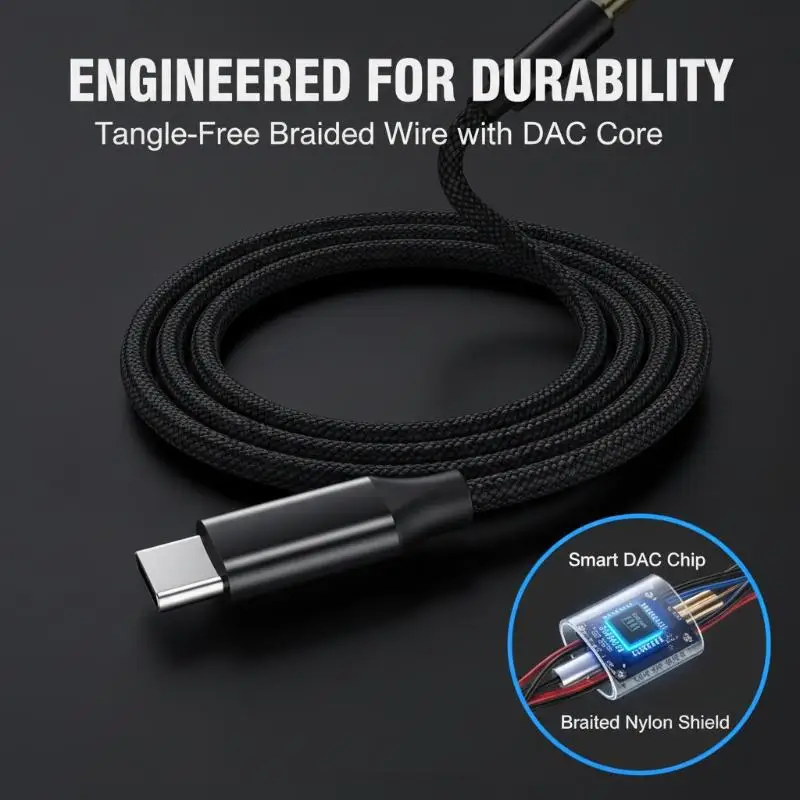 Type C to 3.5mm Audio Cord Built-in DAC HiFi Lossless Adapter for Studio Monitor Headphones