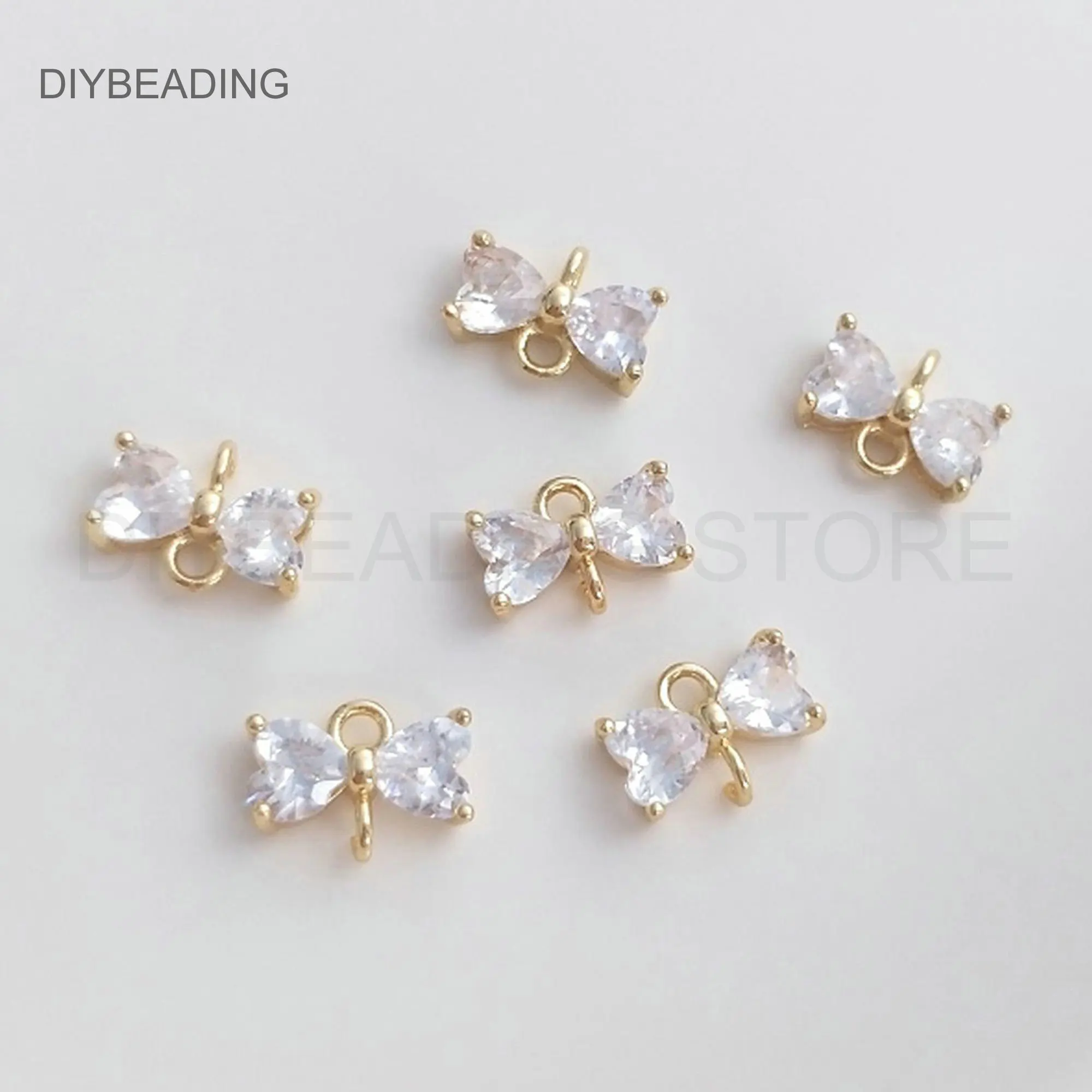 Connector Charms for Earring Making Supplies 14K Real Gold Plated Brass and Clear CZ Butterfly Bowknot Charm Finding with 2 Loop