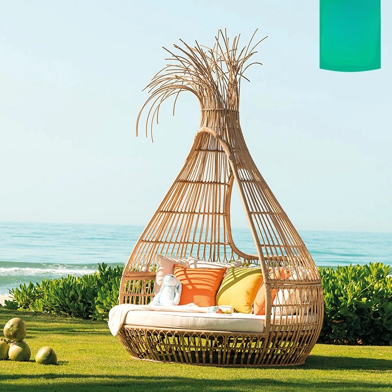 

Outdoor leisure rattan round bed open-air balcony courtyard rattan art bed resort homestay villa garden beach bed