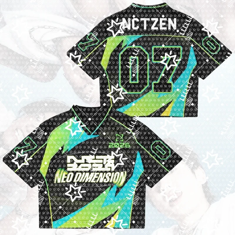 Women K-Pop Tour Cropped Football Jersey Black Neon Green Cyan Geometric Print Number 07 V-Neck Short Sleeve Crop Top Streetwear