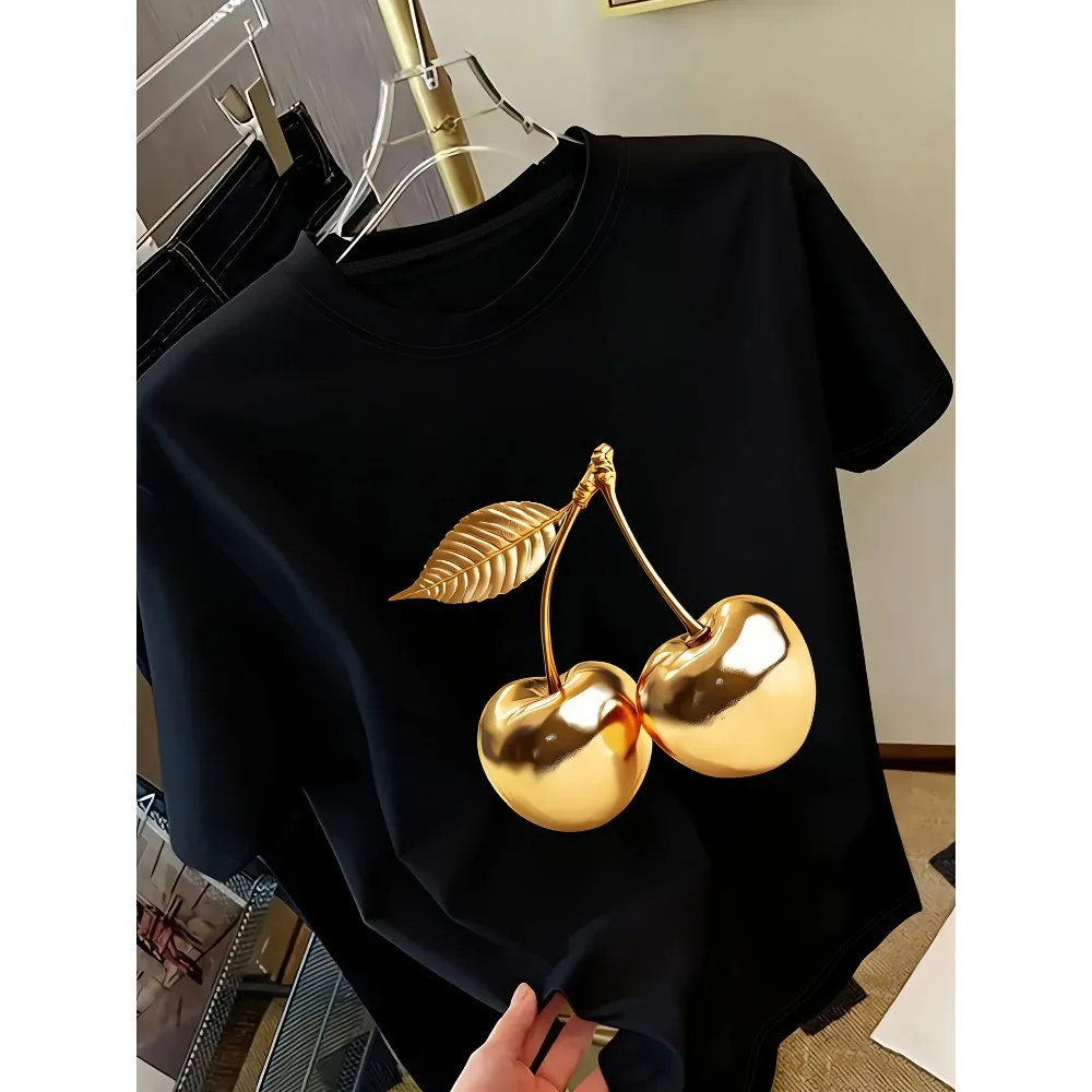 Golden Cherry Print Women Short Sleeve T-Shirt Stylish Casual Tee a Sense of Elegance Versatile Top for Women Minimalist Design