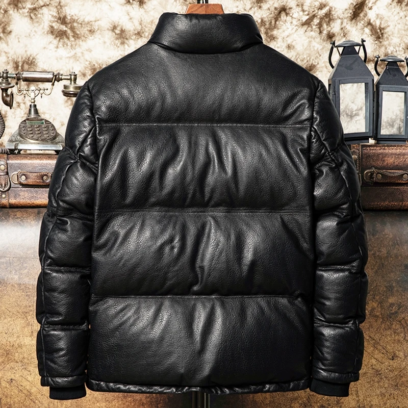 Black Winter Leather Down Jacket Men Casual Style Plus Size 5XL Natural Thick Sheepskin Warm Genuine Leather Coat