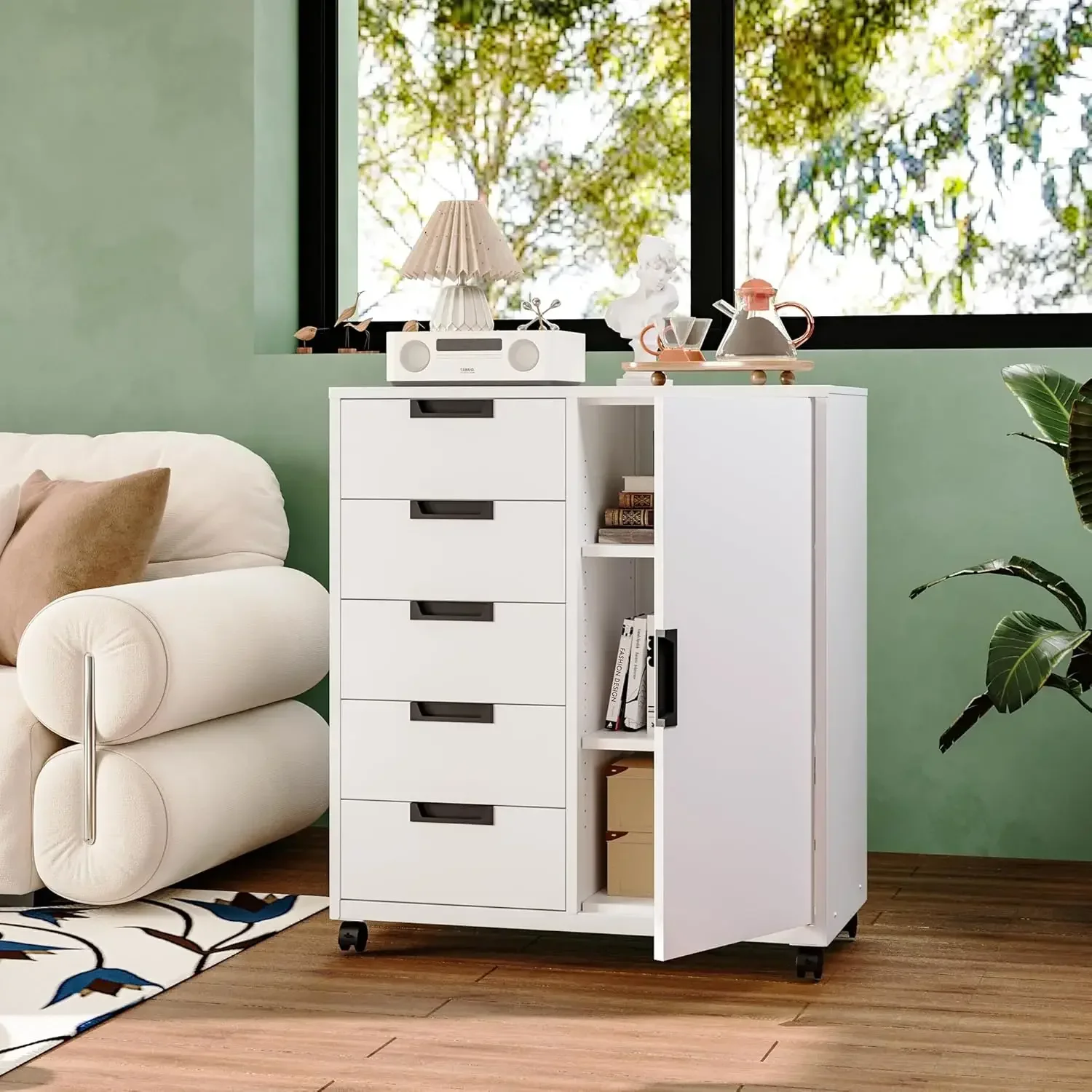 5 Drawer Storage Cabinet with Door and Shelf, Mobile Lateral Cabinet on Wheels, Office Small Organizer Printer Stand, White File