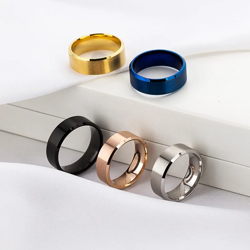 

JHSL 8mm Matte Finish Simple Classic Men Solid Rings Blue Black Rose Gold Color Stainless Steel Fashion Jewelry High Quality
