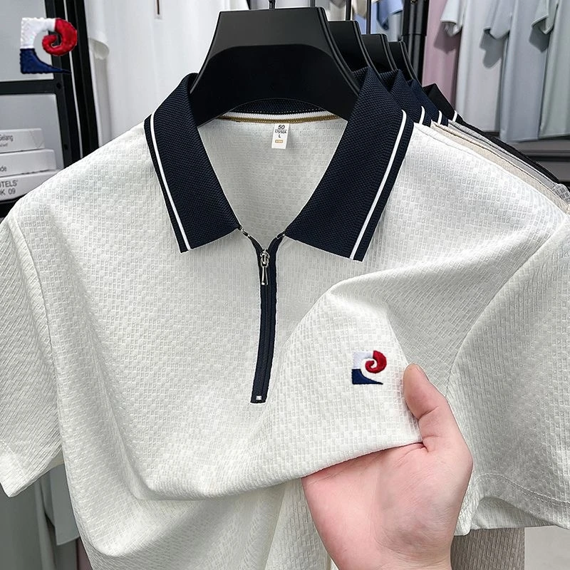 New Men's High-Quality Silk Half Zipper Polo Shirt for Summer Fashion, Casual, Breathable and Refreshing Top