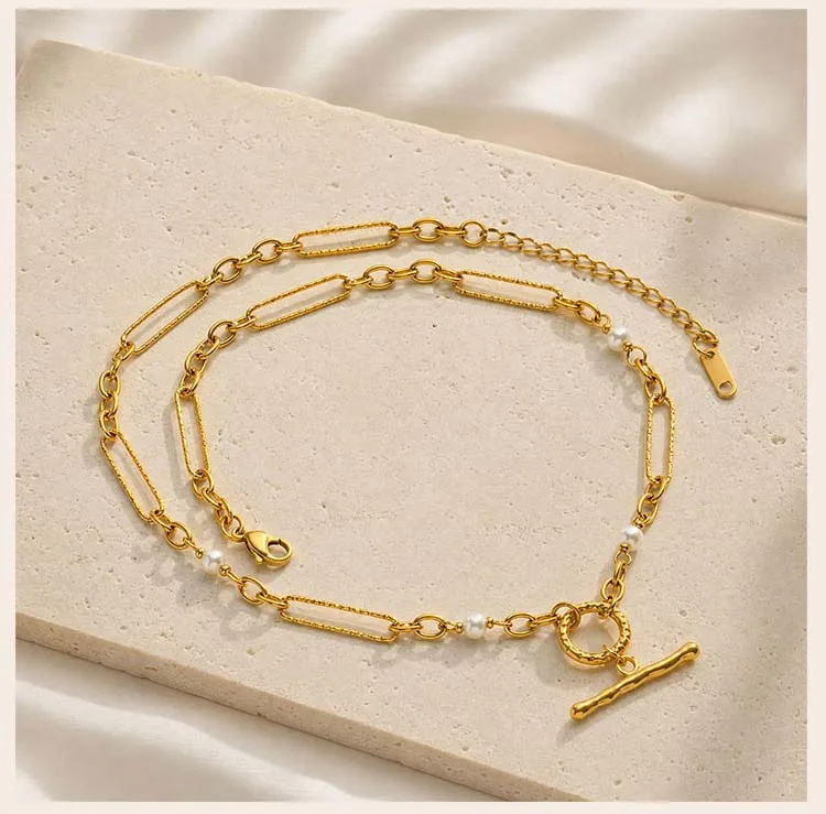 Perlen-Halskette mit Knebelverschluss, 18K IP-vergoldeter Edelstahl, Hypoallergener Büroklammer-Ketten-Schmuck – Detail 5