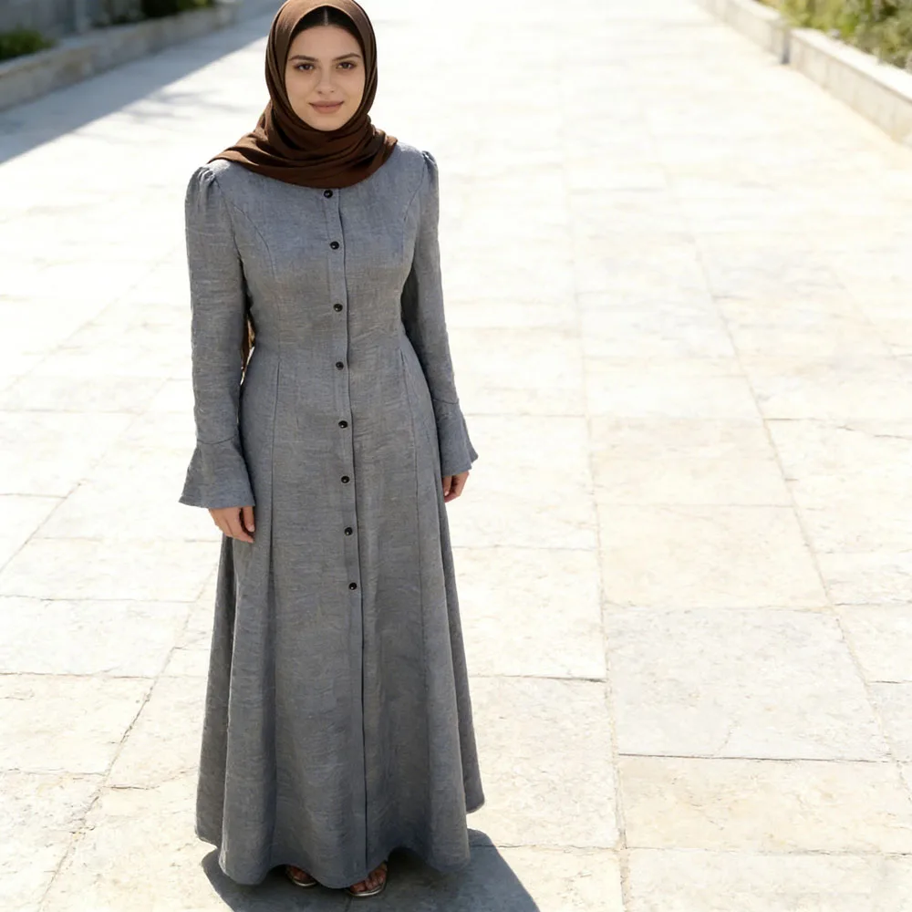 

Новое платье-макси с длинными рукавами и пуговицами в стиле Дубай для Рамадана, мусульманское платье-абайя, кафтан, арабский халат, кафтан-марокканский, женская джалабия, исламская одежда