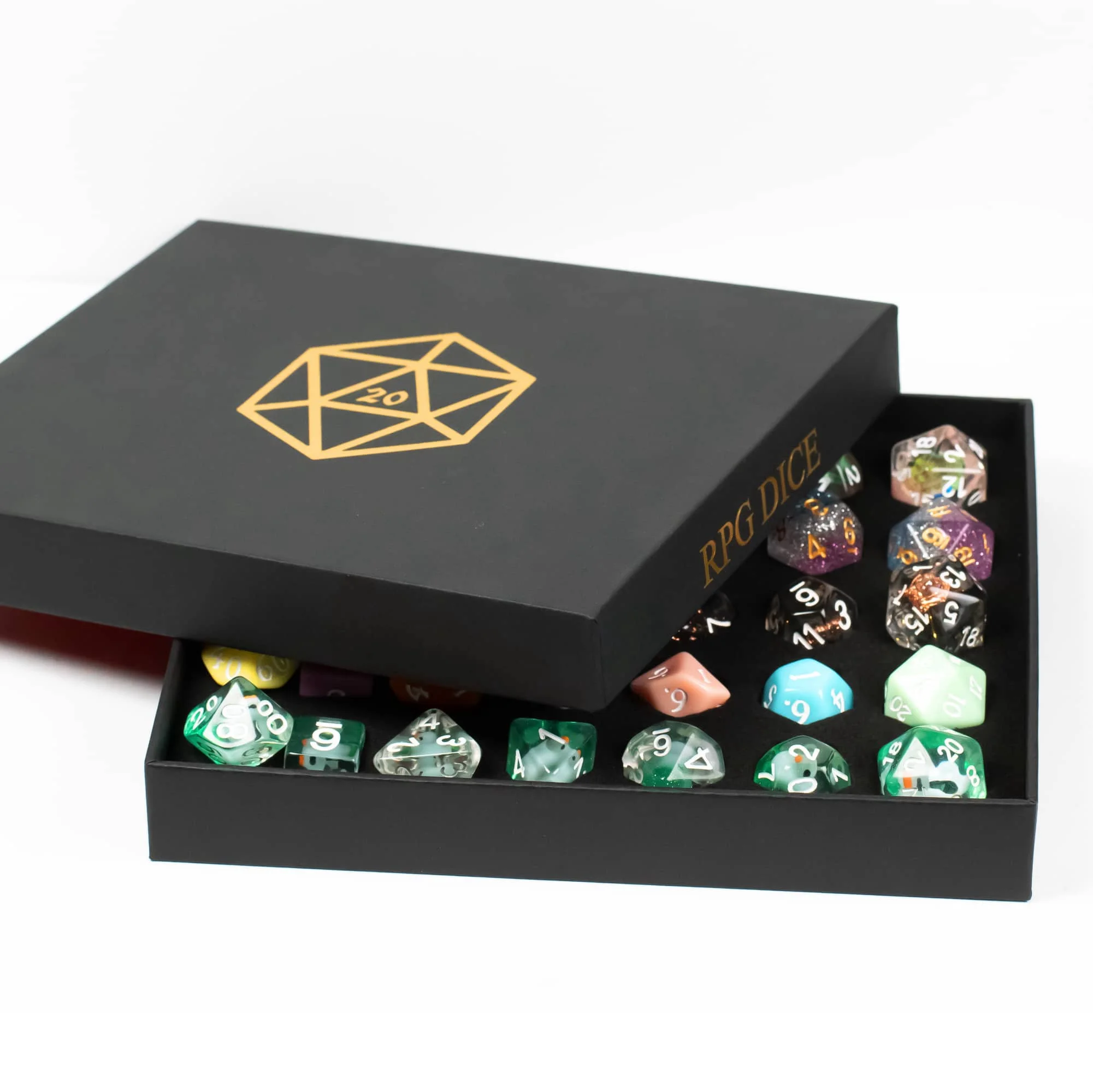 

Cusdie 5Sets/35Pcs Random Dice Set with 2in1 Gift Box Dice Tray Polyhedral Resin Dice Set Handmade for RPG Board Game D&D