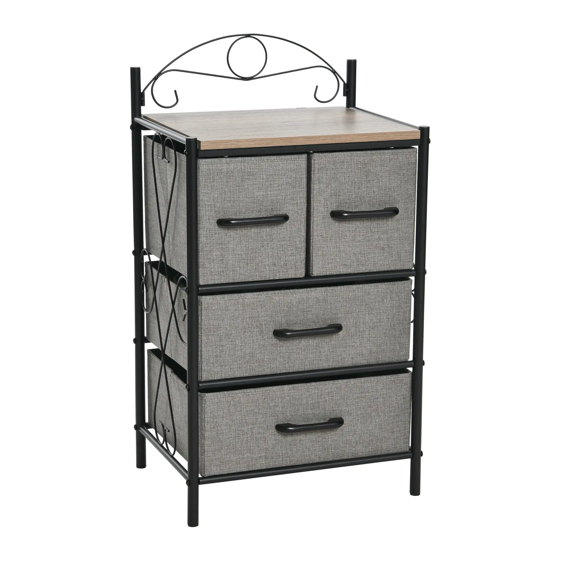 

Nightstand Storage Organizer with 4 Grey Drawers Black Metal Frame and Ashwood Rustic Wood Grain Top