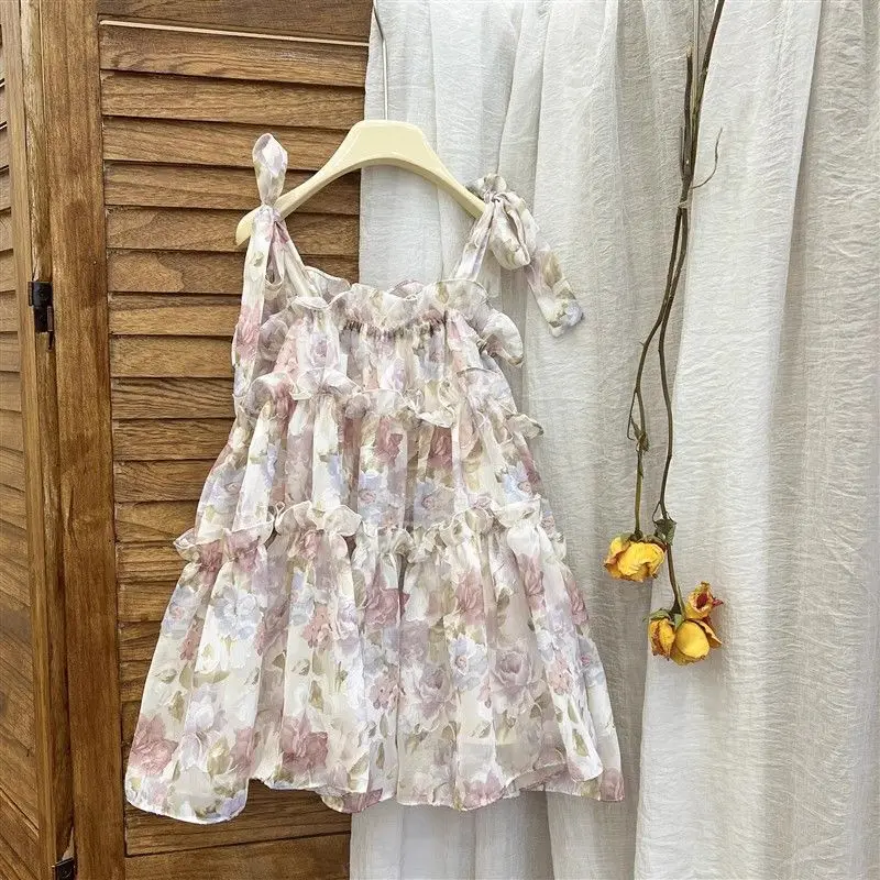 

Girls Flower Korean Dress Childrens Sleeveless Summer Style Sweet Cute Gentle Princess Cake Lace Dress