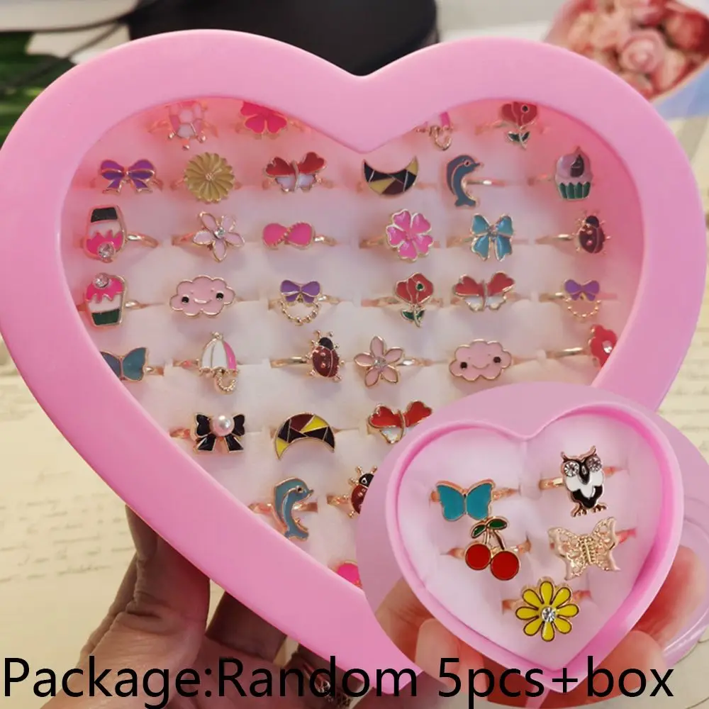 5pcs Zircon Rings For Girls Kids Child Jewelry Adjustable Little Crystal ring Gift  Resin ring With box��A box of five rings�� ?