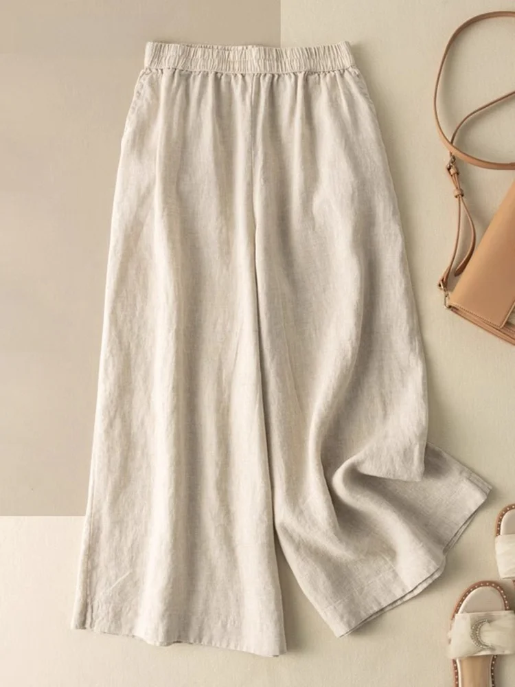 Summer Thin Faion Simple Linen Wide Leg Pants Women Elastic Waist Small Size Loose Sle Cool Seven-Foot Pants Casual Strai...