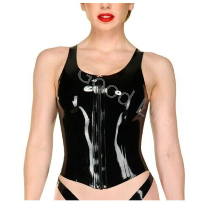 

Handmade Latex Rubber Cosplay Catsuit Latex Gummi Female Tops Sleeveless Vest Slim Front Zip Fit Customize 0.4mm