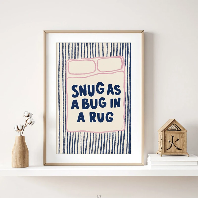 

Snug As A Bug Art Print Poster Retro Line Text Poster Sleep Theme Canvas Print Painting Home Bedroom Living Room Wall Decor