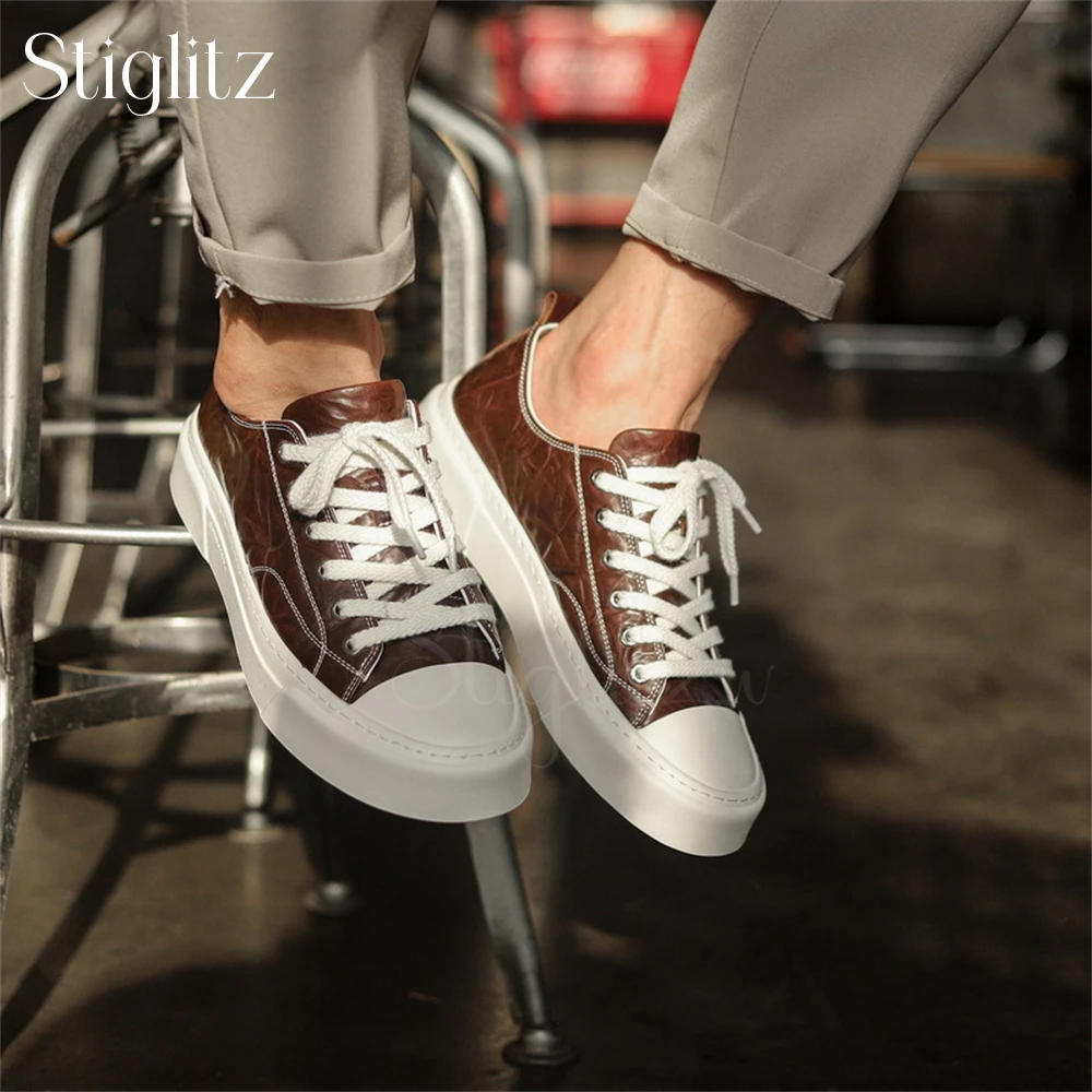 Genuine Leather Men's Sneakers Lace-Up Round Toe Comfortable Casual Shoes Height Increase Multi-Color Breathable Daily Footwear