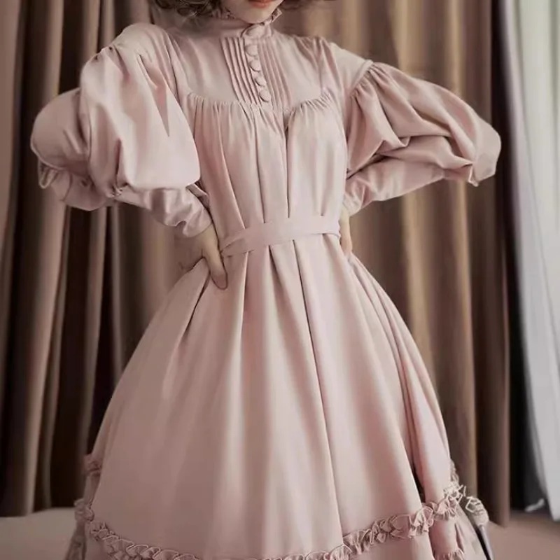 

2025 New Style Fashion Women's Casual Solid Color Lantern Sleeve Button Tie Waist Loose Lace Personality Dress