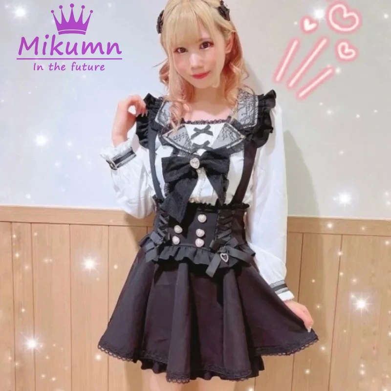 Mikumn Gothic Lolita Retro Bow Pearl Buckle Ruffles Suspender Skirts Y2k Japanese Girls Sweet Kawaii Lace A-Line Mini Skirts - Image 3