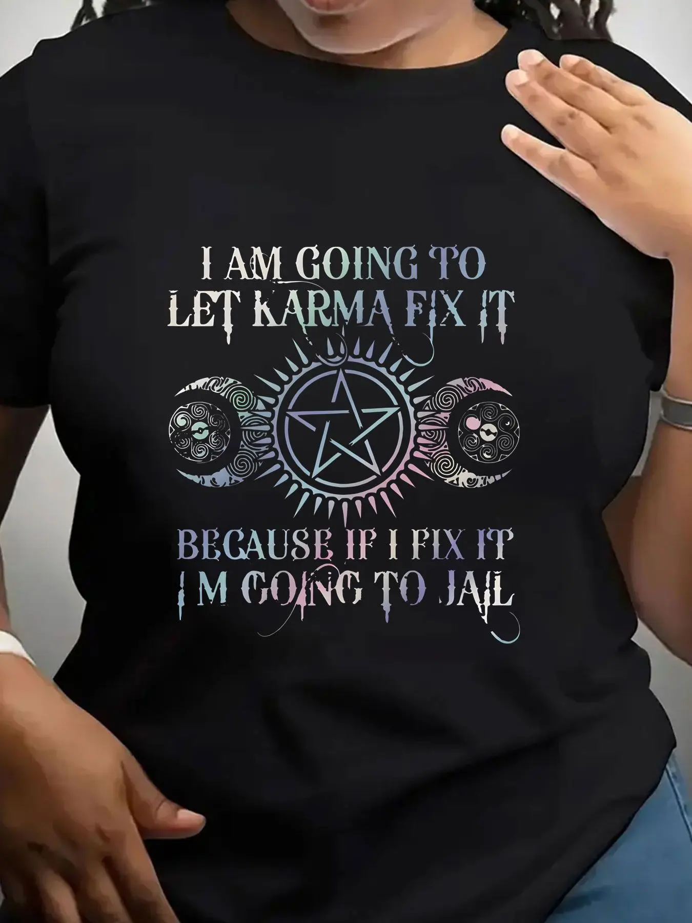 Women's Trendy Crew Neck T-Shirt Karma Fix It Jail Print Suitable for Casual Sportswear