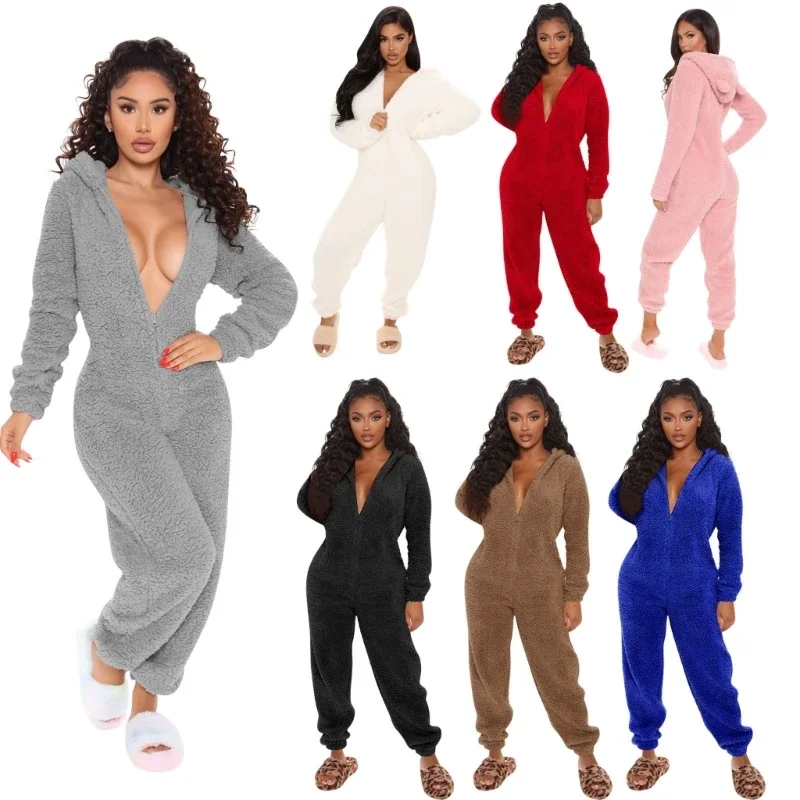 Womens Winter Warm Onesie Pajamas Fuzzy Fleece Zipper Up Bear Ear Hooded Romper Jumpsuits Sleepwear Loungewear