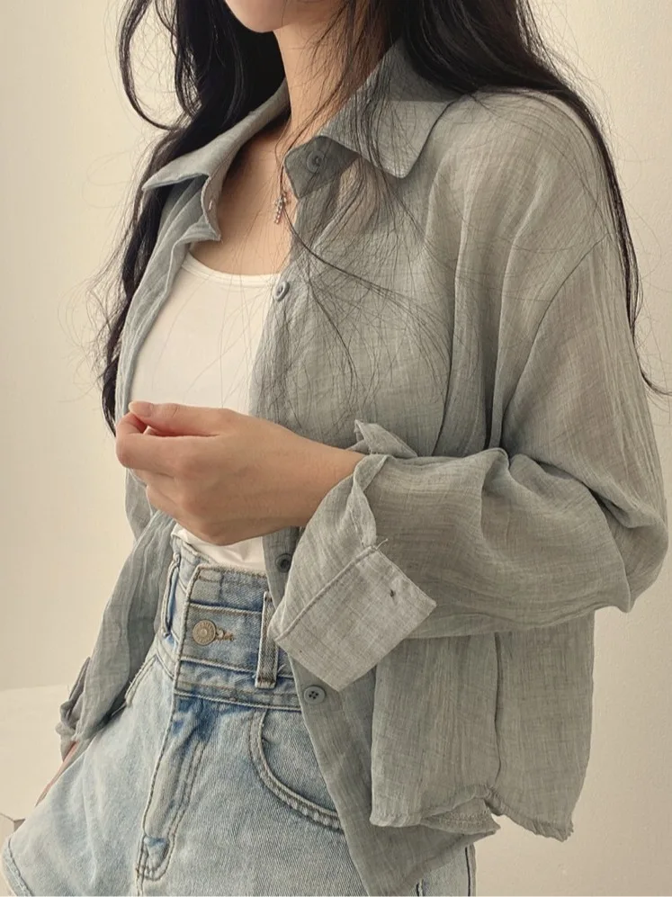 Sun Protection Short Shirt Women's Summer Style Long Sleeve Turn-down Collar Pleated Design Breathable Thin Fabric Casual Top