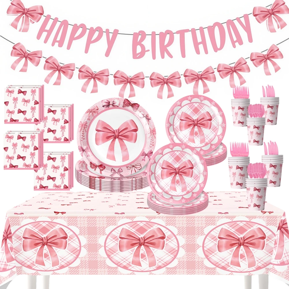 Suministros para fiesta con lazo rosa, plato, vaso de papel, servilletas con lazo, decoración individual para fiesta, suministros para fiesta de cumpleaños y Baby Shower para niñas