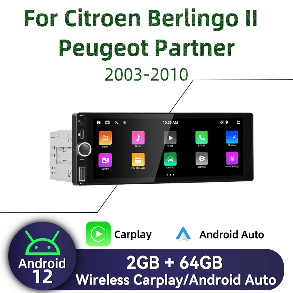 

For Citroen Berlingo II Peugeot Partner 2003-2010 1 Din Android Radio Carplay Android Auto 6.86" Stereo Car Multimedia Head Unit