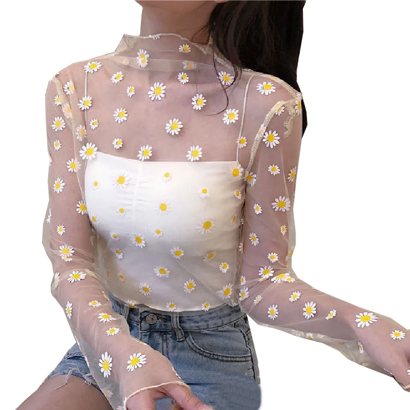 Floral Daisy Transparent Mesh Tops for Women Sexy Lace Long Sleeve Sheer Slim Ladies Turtleneck Tees See Through Tops Shirt