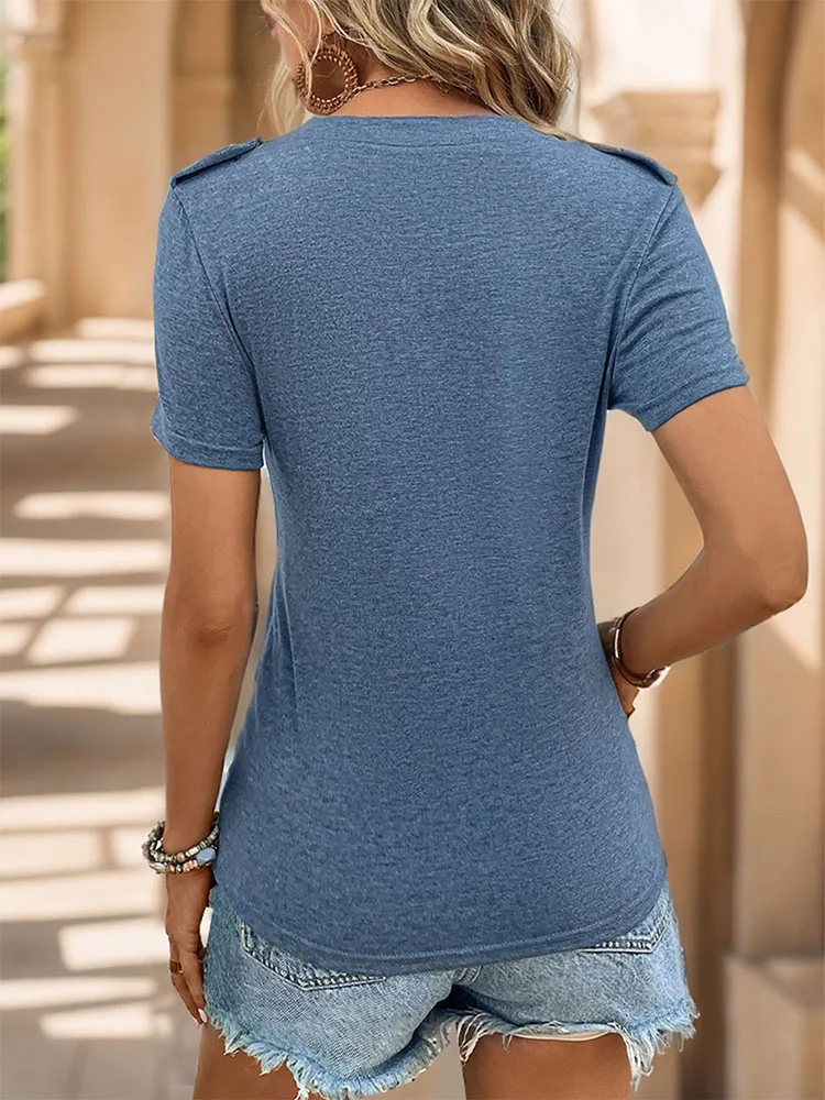 JIM & NORA Summer Europe and the United States new hot V-neck button solid color T-shirt casual basic pocket top