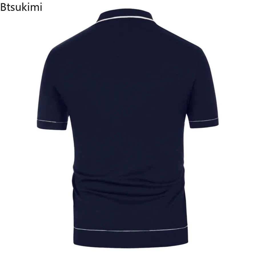 2024 Men's Summer Knitted Short Sleeve Polo Shirts Solid Turn-down Collar Cardigan Tops Male Casual Breathable Tops Basic Shirts