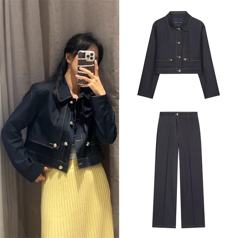 

Женский костюм, осень 2023, новый стиль, цвет имитации джинсовой ткани, короткая куртка с длинными рукавами и брюки с прямыми штанинами, повседневная мода