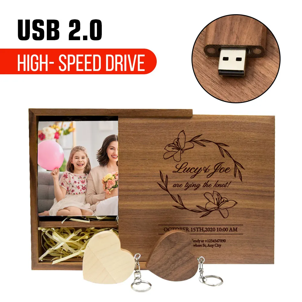 

USB 2.0 Flash Drives FREE LOGO Wooden Box Photo Album Pen drive 128GB 64GB Photography Wedding gift Memory stick U disk