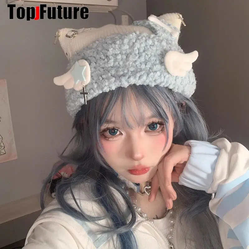 Women Y2K Girl Harajuku Gothic LolitaAqua blue subculture knitted hat cat ear hat mine series cute Bomber hat Winter Beanie Hat