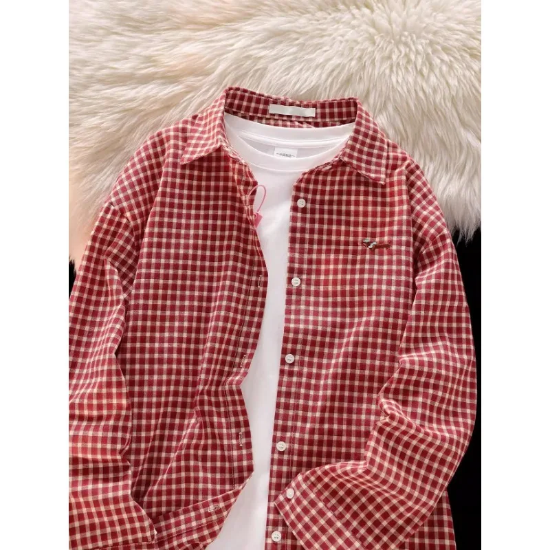 

Embroidery Dog Korean Cute Sweet Women Shirt 2025 Autumn New Plaid Casual Y2K Tops Woman Vintage Fashion All-match Women's Shirt