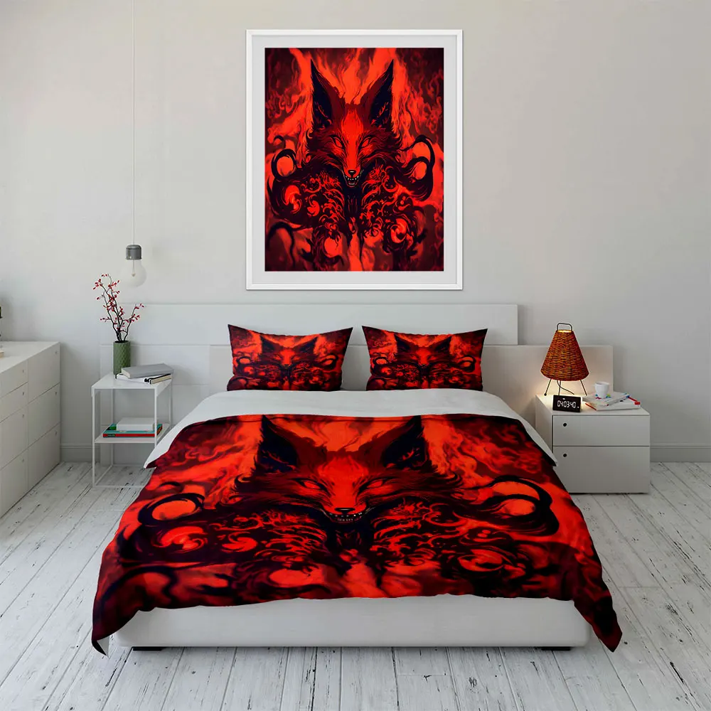 Fiery Fox, Crimson Glow Pattern Duvet Cover Set Digital Print Colorful Polyester Bedding with Zipper Closur for kids gifts