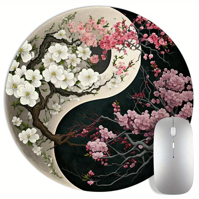 Japanese Sakura Round Mouse Pad Small Tai Chi Desk Mat Non Slip Rubber Office Home Computer Laptop