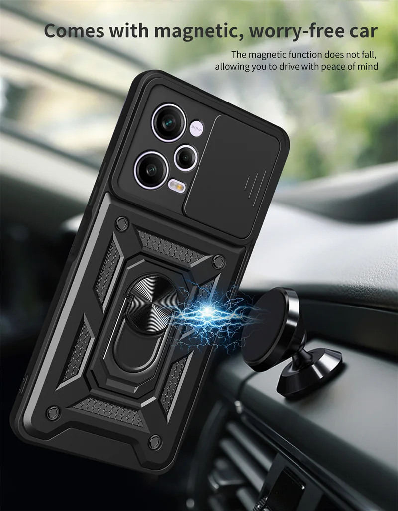 Shockproof Slide Lens Armor Funda For Xiaomi Redmi Note 12 Pro Plus 12S Note12 4G 5G Case Ring Stand Back Cover for Redmi 12 12C view 2
