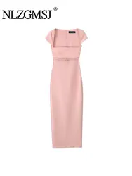 TRAF 2024 Summer Solid Color Slim Fit Long Dresses Pink Square Collar With Belt Midi Dress Women's Dresses