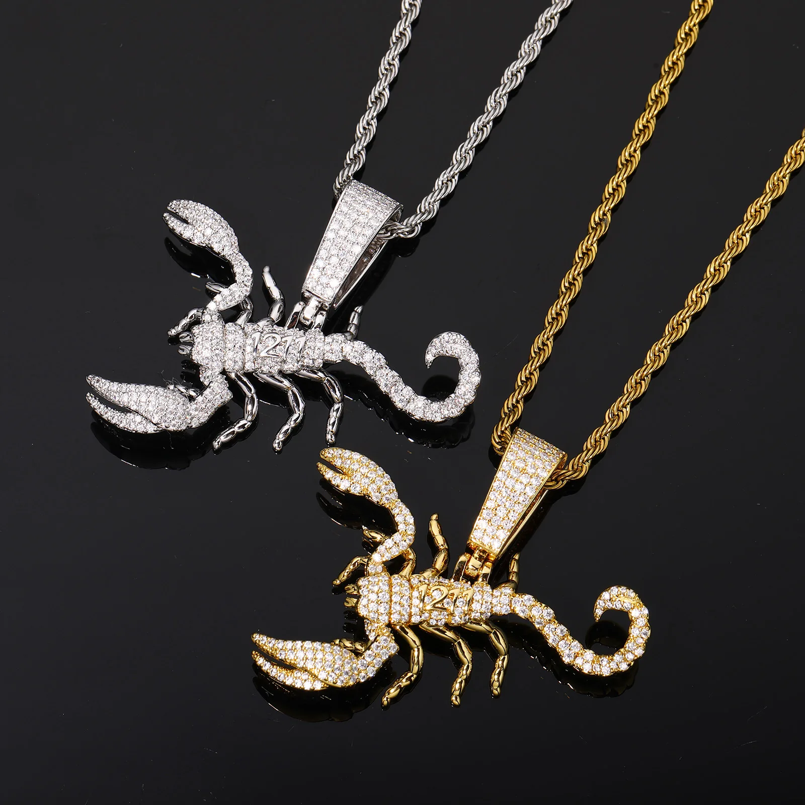 Hip Hop Moissanite Paved Bling Iced Out Scorpion Pendants Necklace for Men Rapper Jewelry Gold Silver Color